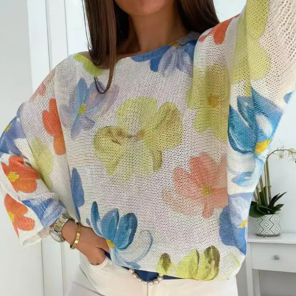 L37 Loowie White Floral  Round Knit Printed Sweater  One Size